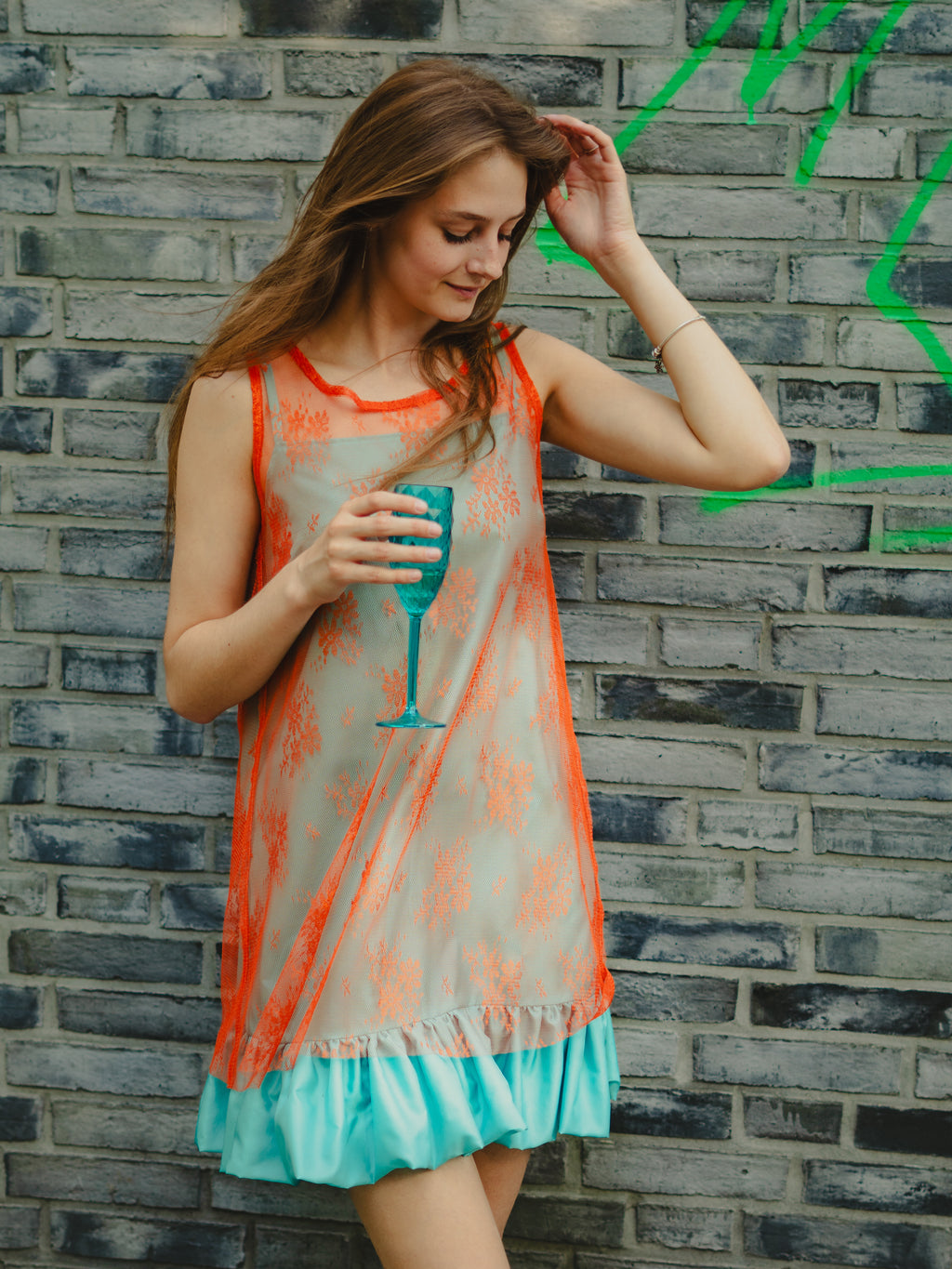 MAZI Orange Embroidered Mesh Dress