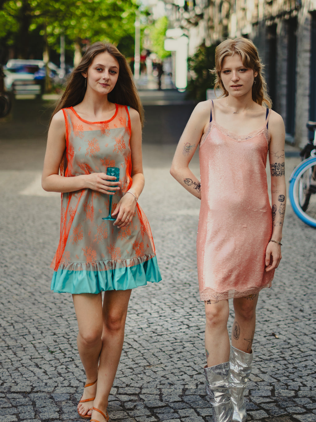 MAZI Orange Embroidered Mesh Dress