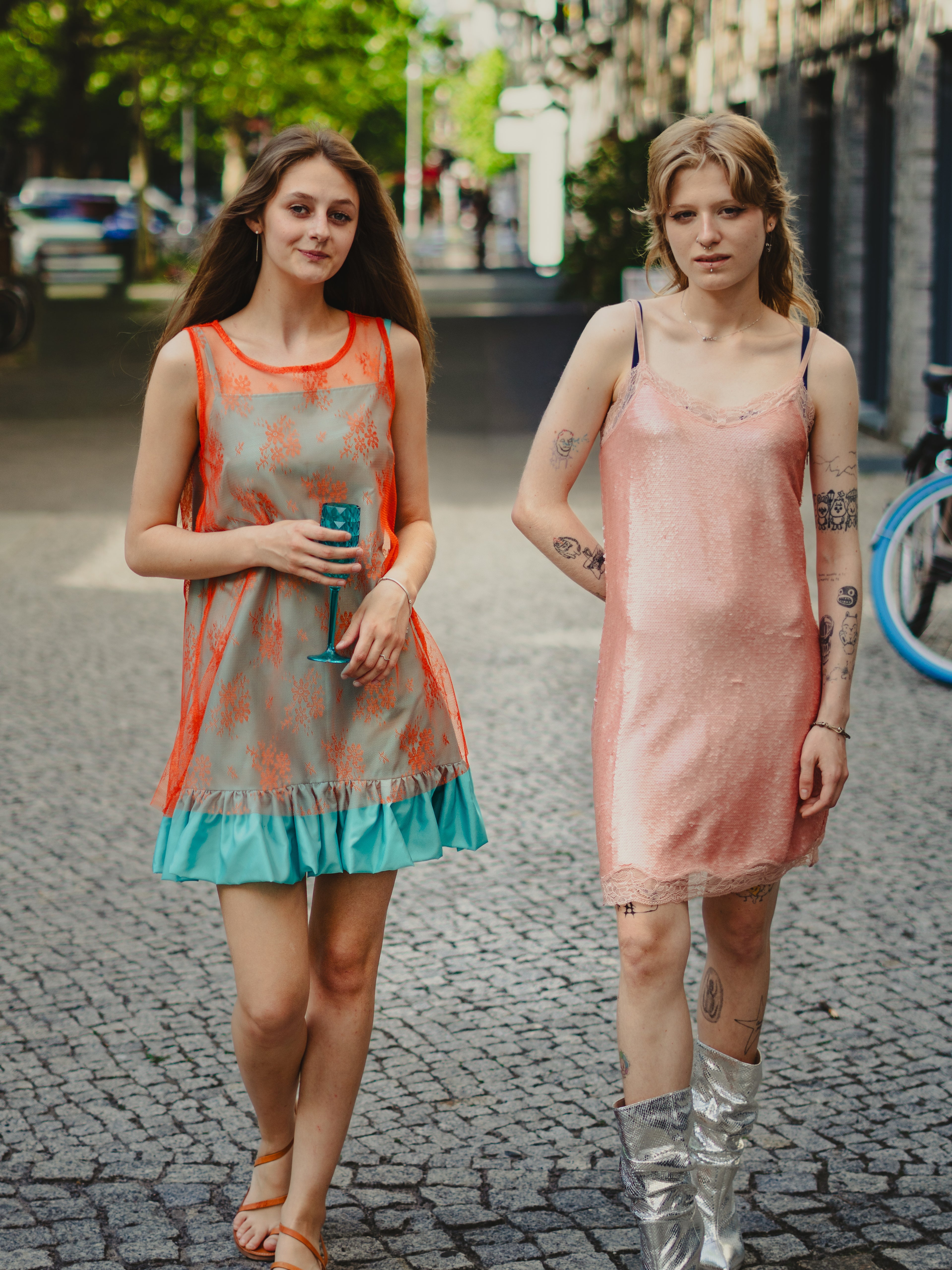 MAZI Orange Embroidered Mesh Dress