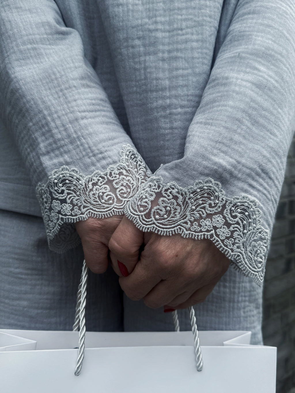 Gray Long Sleeve Top with Lace Trim