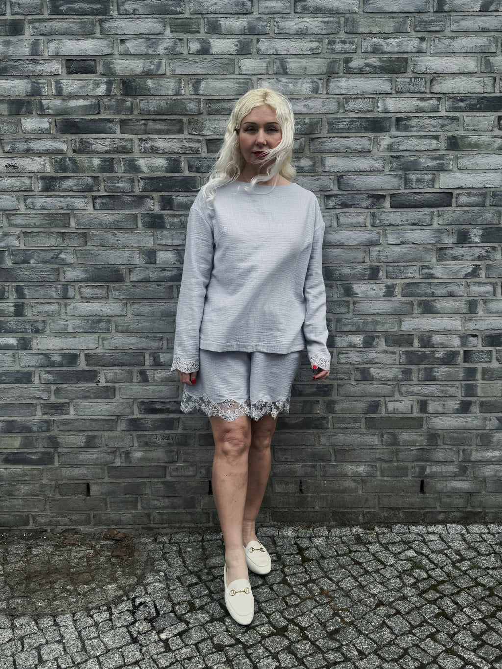 Gray Long Sleeve Top with Lace Trim