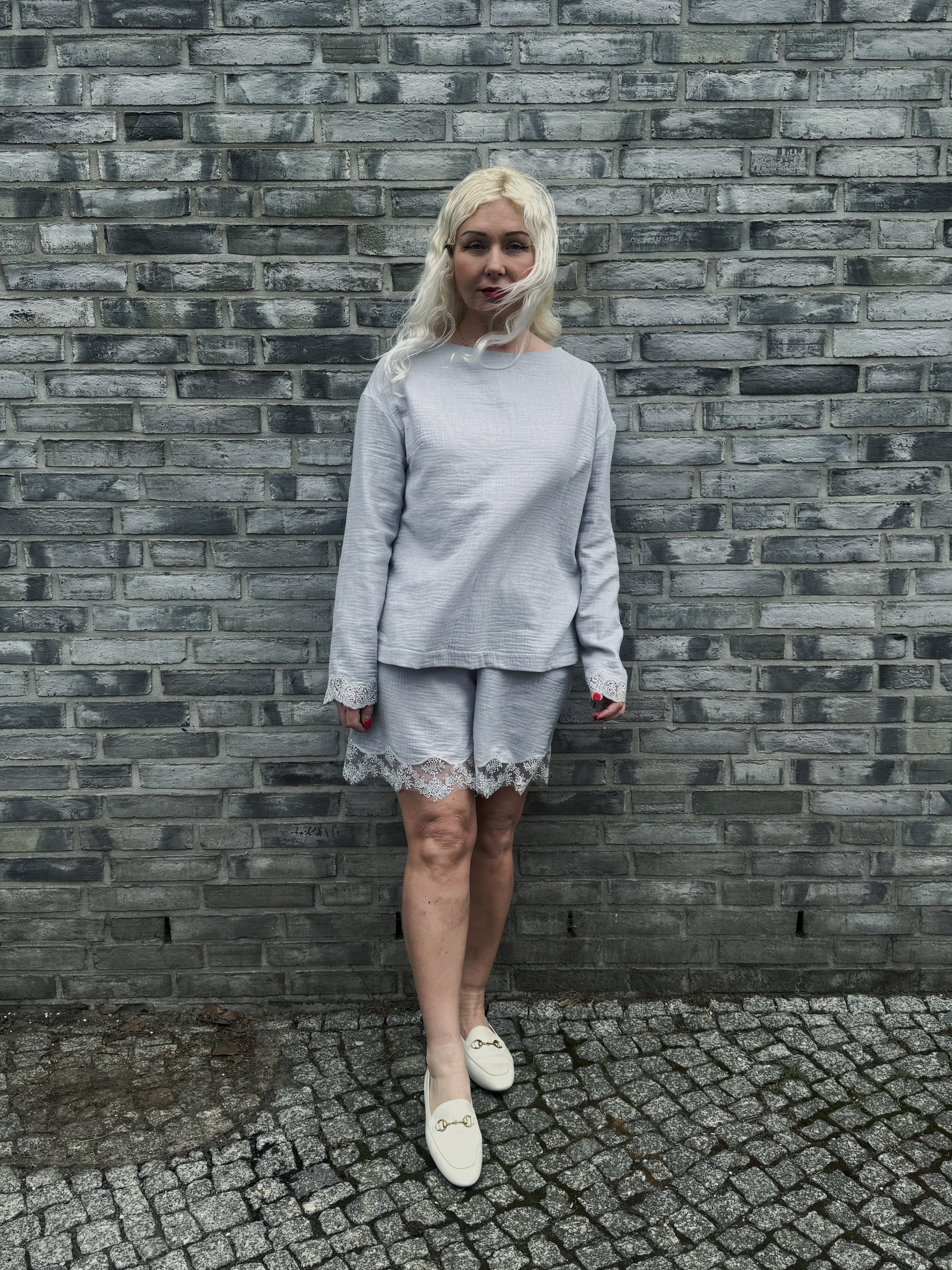 Gray Long Sleeve Top with Lace Trim