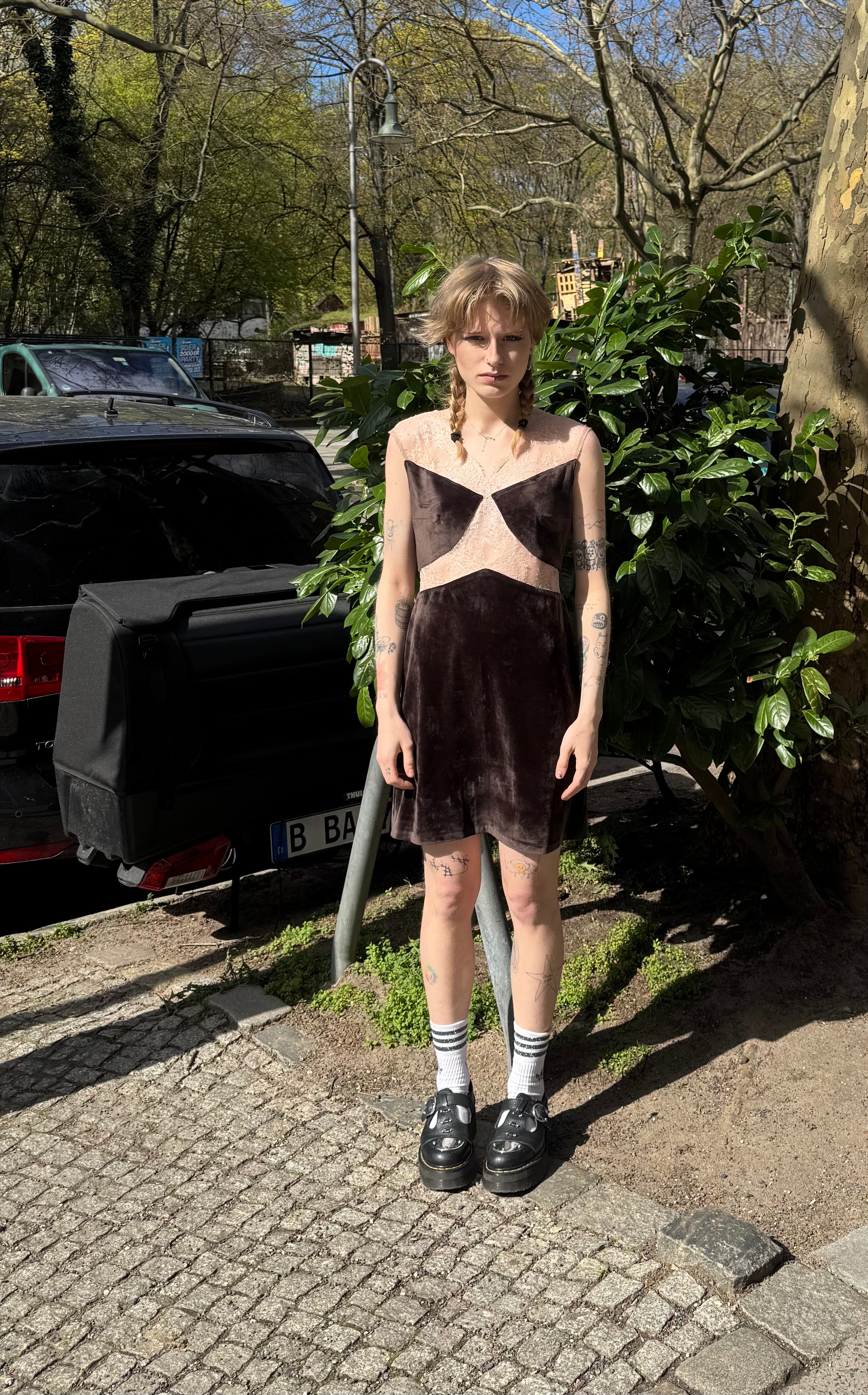 Velvet Cut-Out Mini Dress with Lace Panel