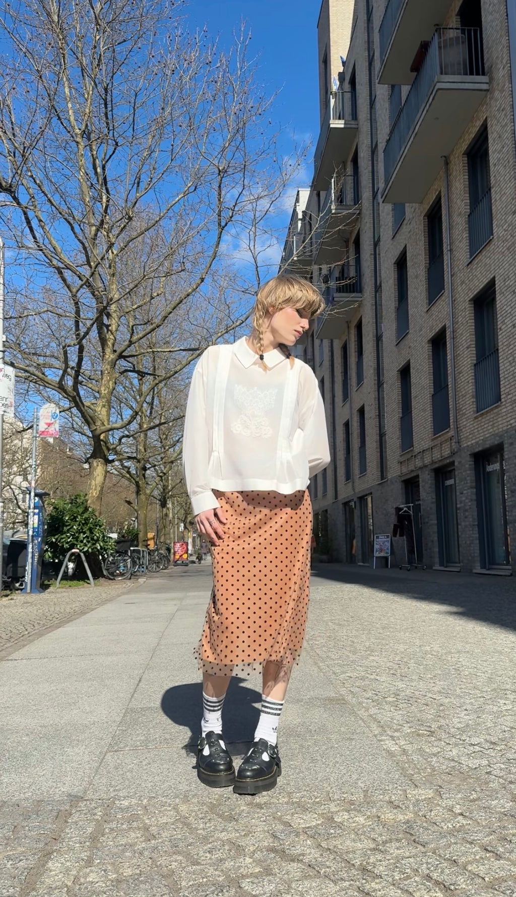 Polka Dot Sheer Midi Skirt in Peach