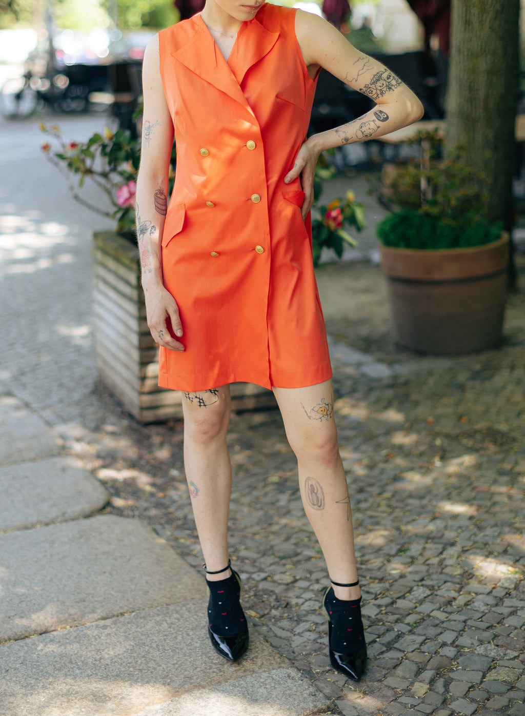 Title: MAZI Orange Double-Breasted Vest Dress
