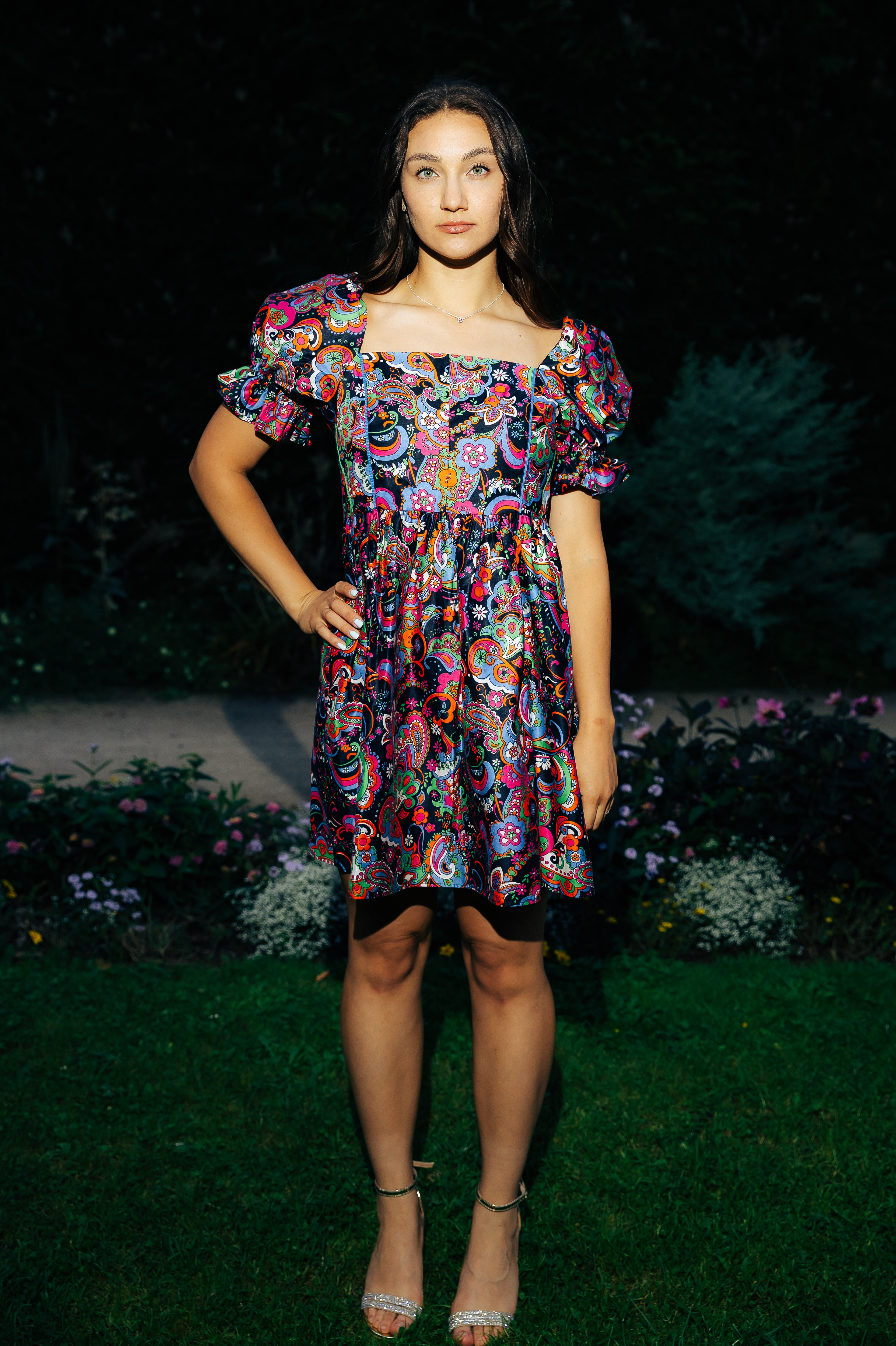 Vibrant Paisley Print Cotton Mini Dress with Puff Sleeves