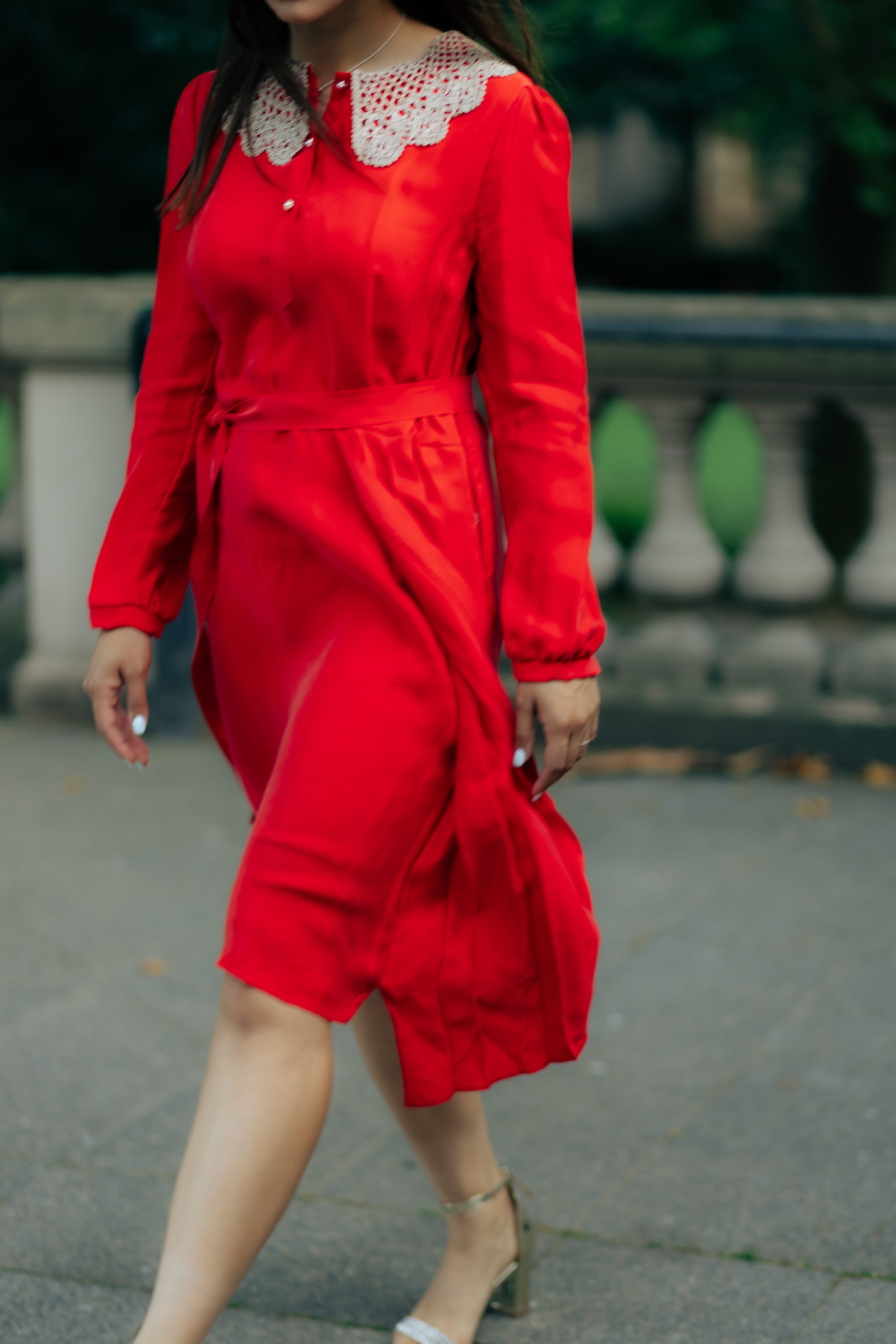 handmade red long sleeve evening dress with knitted collar
