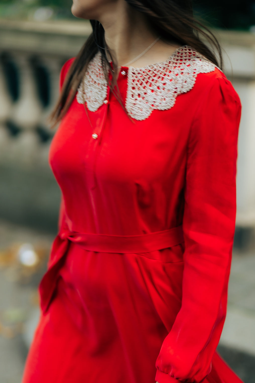 handmade red long sleeve evening dress with knitted collar