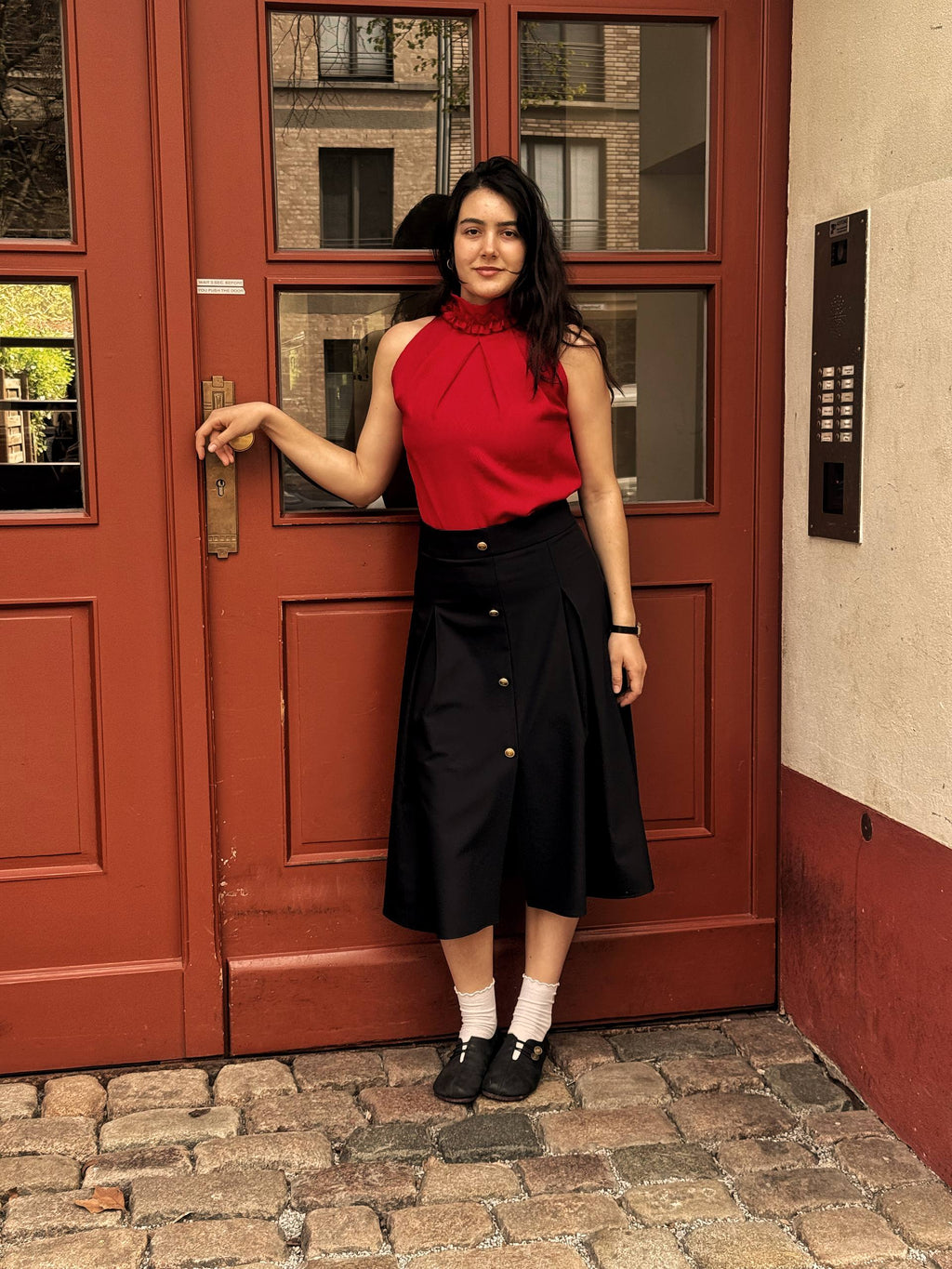 Red High-Neck Sleeveless Blouse