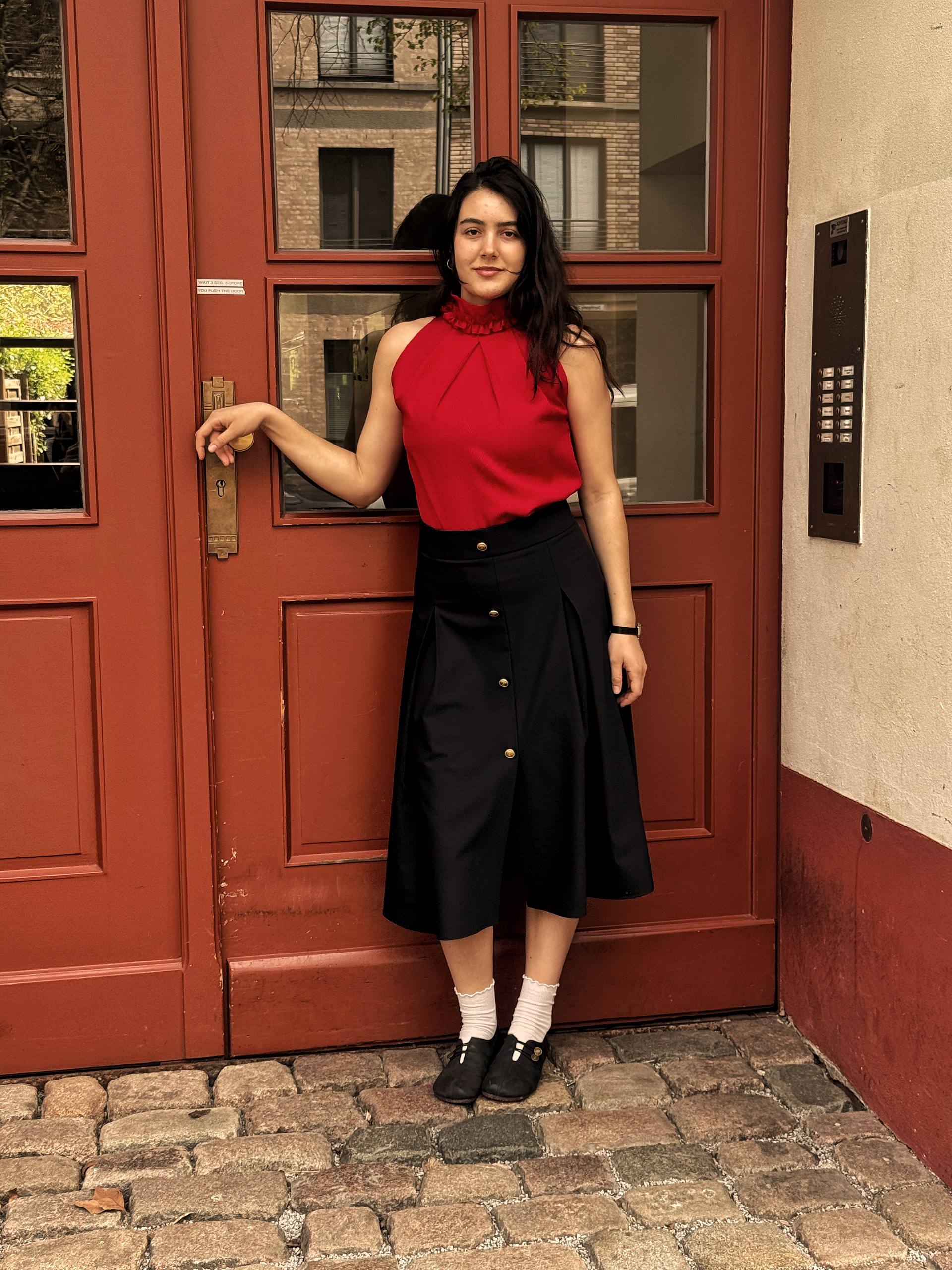 Red High-Neck Sleeveless Blouse