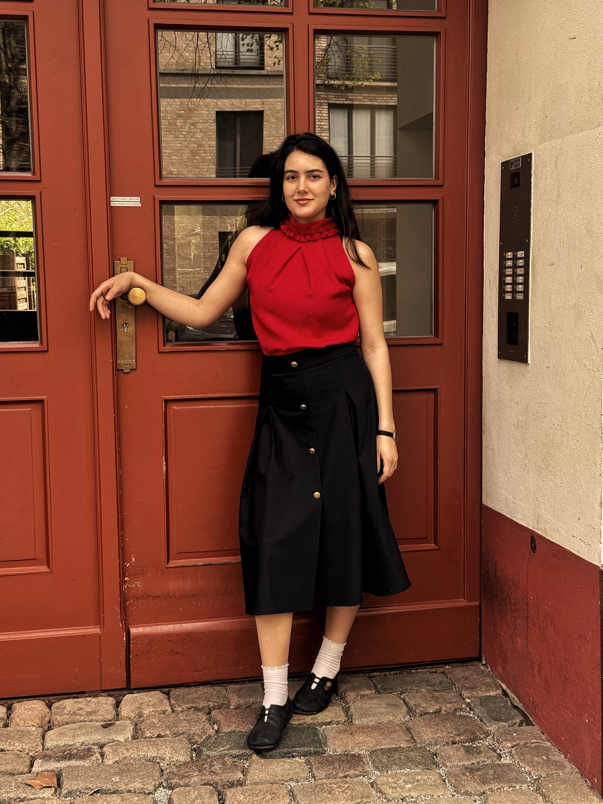 Red High-Neck Sleeveless Blouse