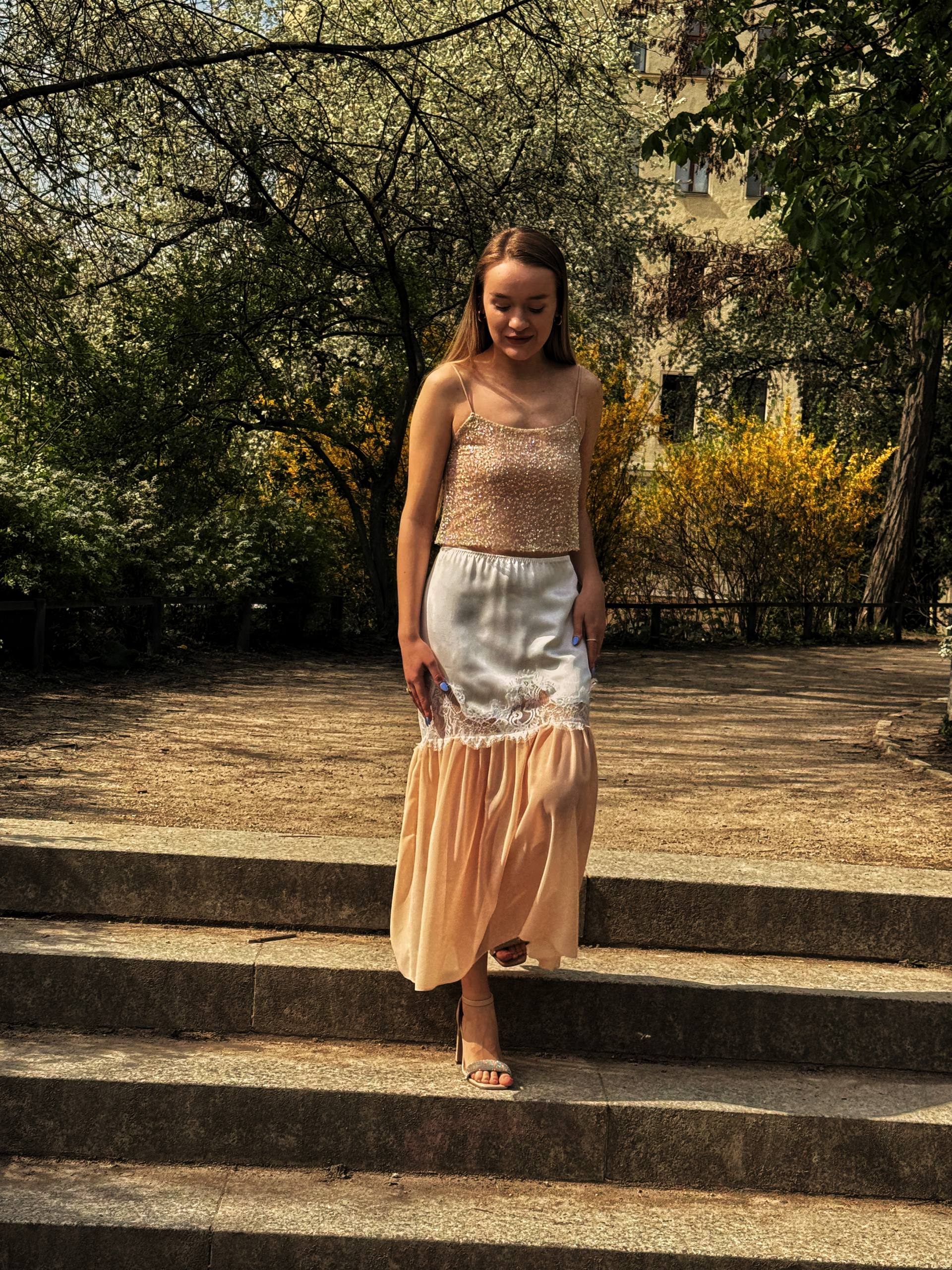 Cream & Peach  Midi Skirt with Lace Trim
