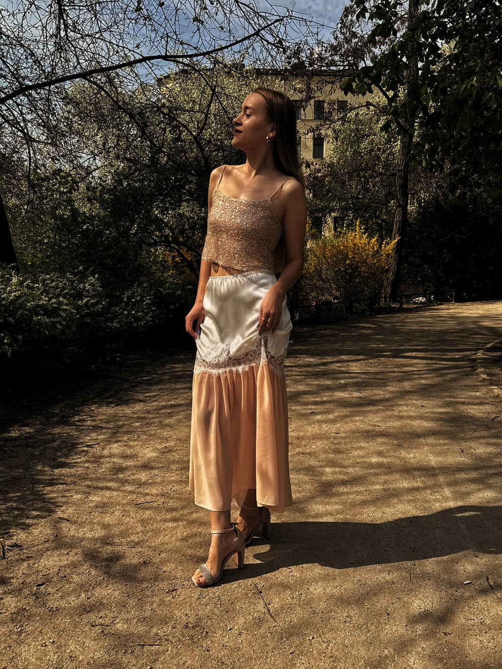 Cream & Peach  Midi Skirt with Lace Trim