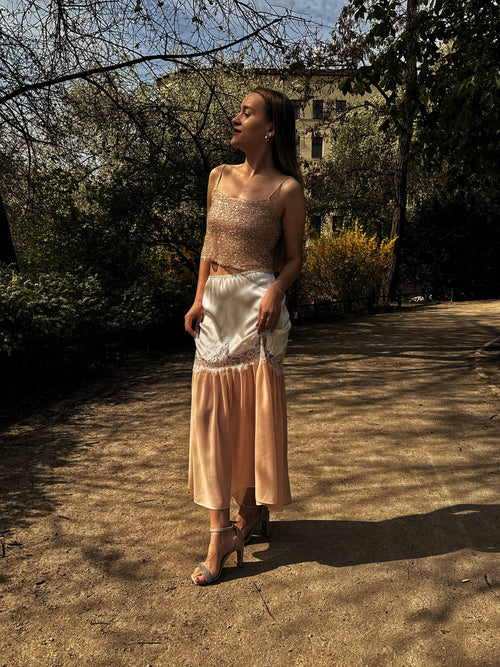 Cream & Peach  Midi Skirt with Lace Trim