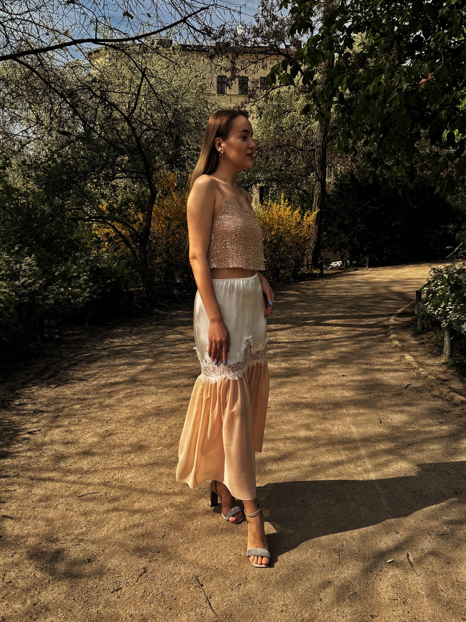 Cream & Peach  Midi Skirt with Lace Trim